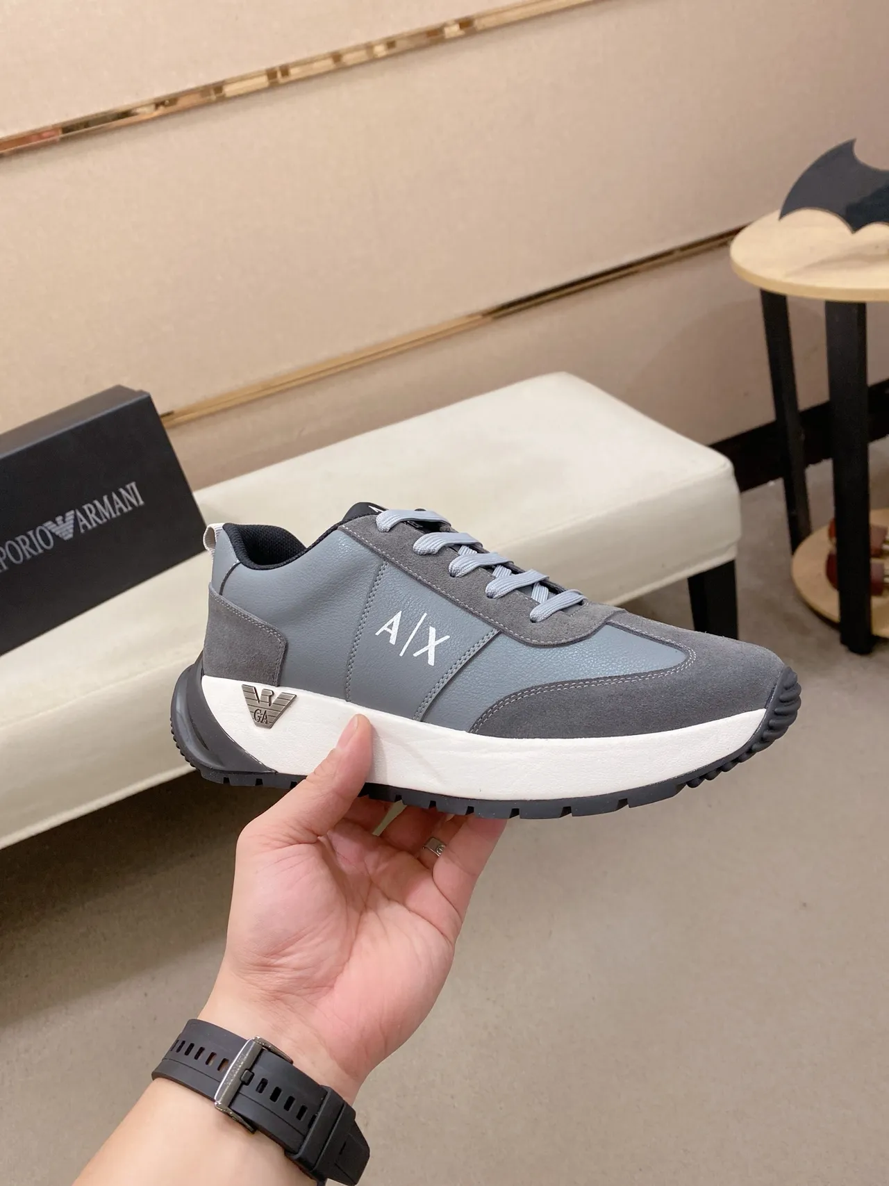Armani Exchange Gray White Mixed-Material Upper Contrast Midsole Sneakers