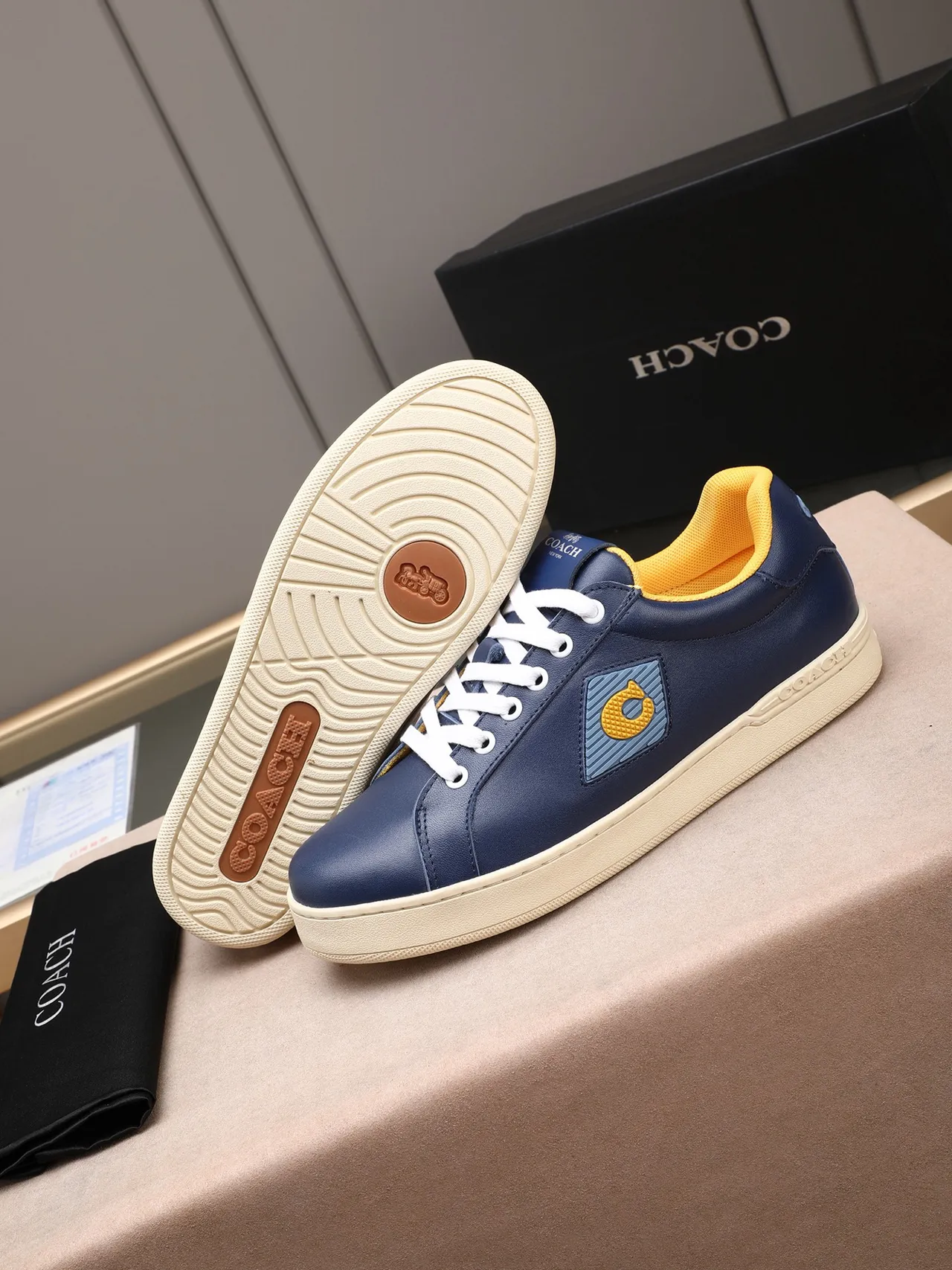 Coach Navy Yellow Leather Upper Contrast Collar Sneakers