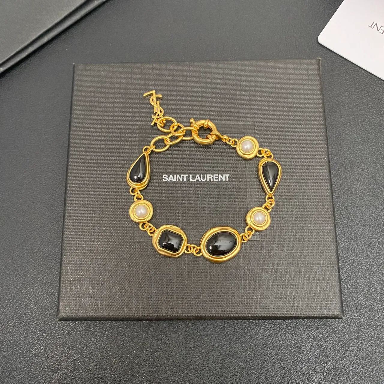 Saint Laurent Gold-Tone Black Stone and Pearl Link Bracelet