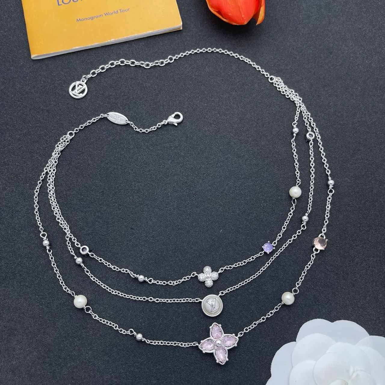 Louis Vuitton Silver Pink Multi-Strand Layered Chain Necklace