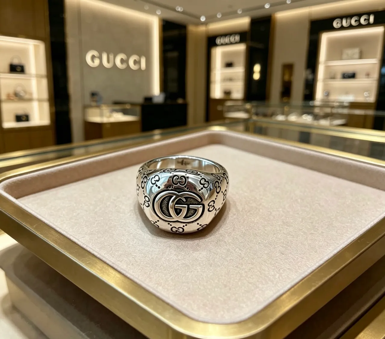 Gucci GG Monogram Ring Silver Black Polished Enamel Ring