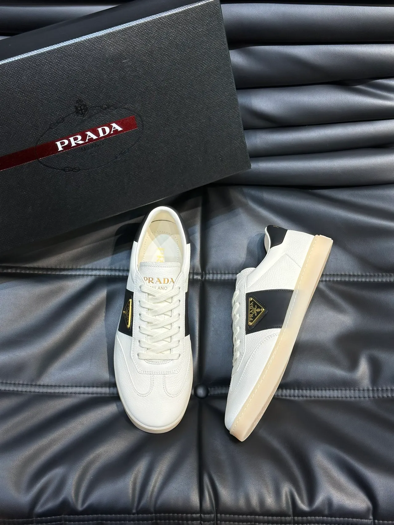 Prada Re-Edition Beige Black Textured Leather Upper Side Stripe Lifestyle Sneakers