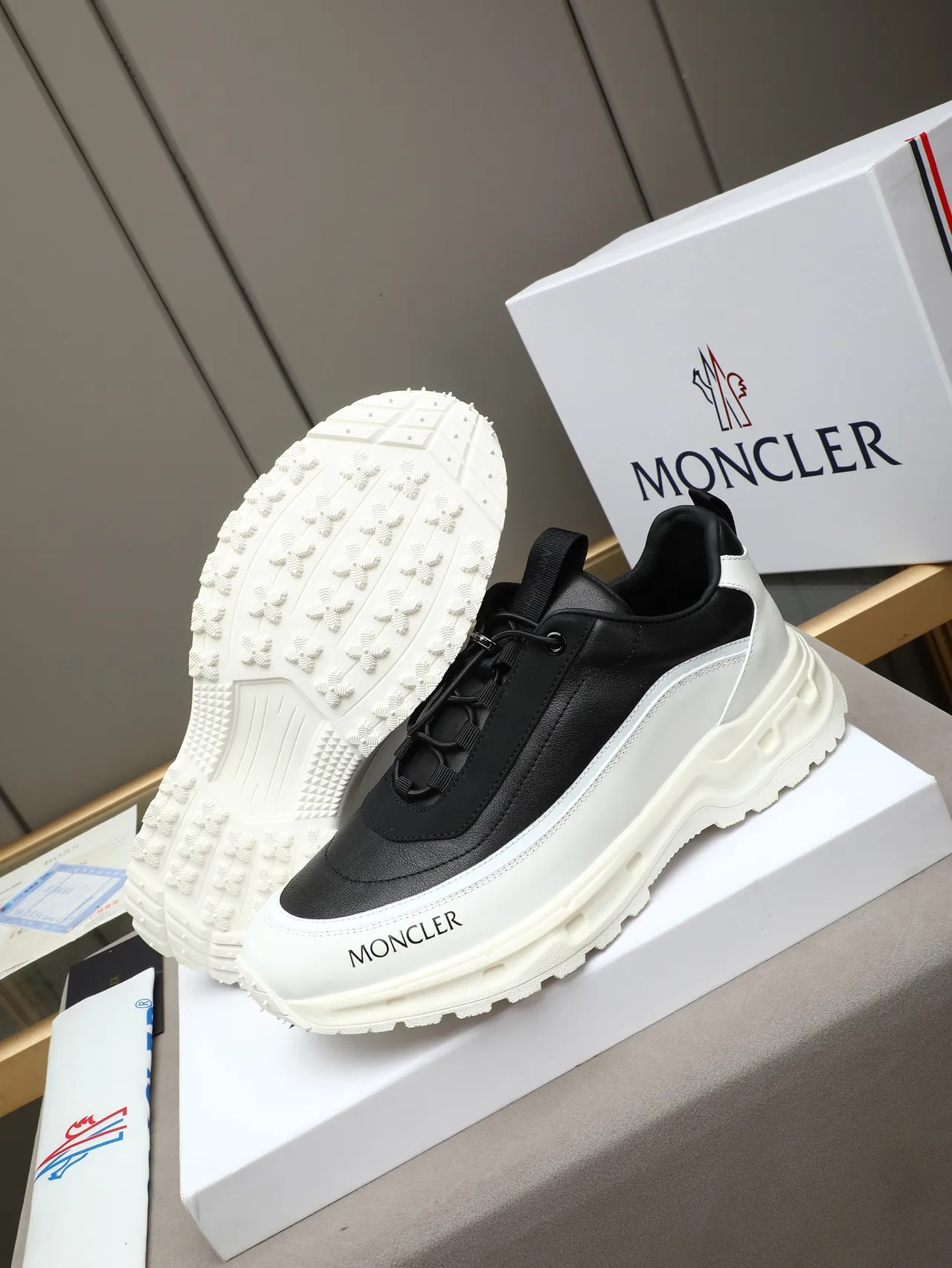 Moncler Black and White Leather Low-Top Sneaker