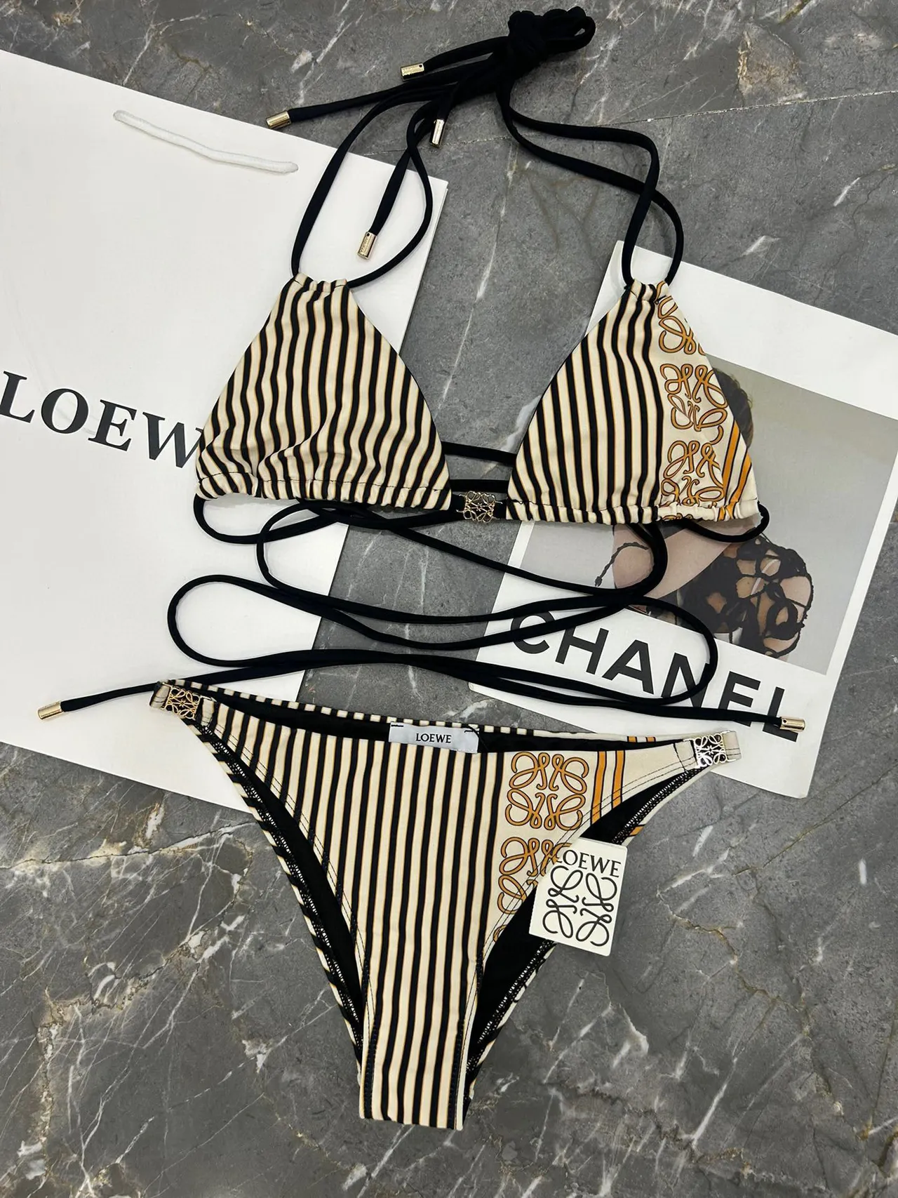 Black Beige Halter Triangle Top Side-Tie Briefs Swimwear