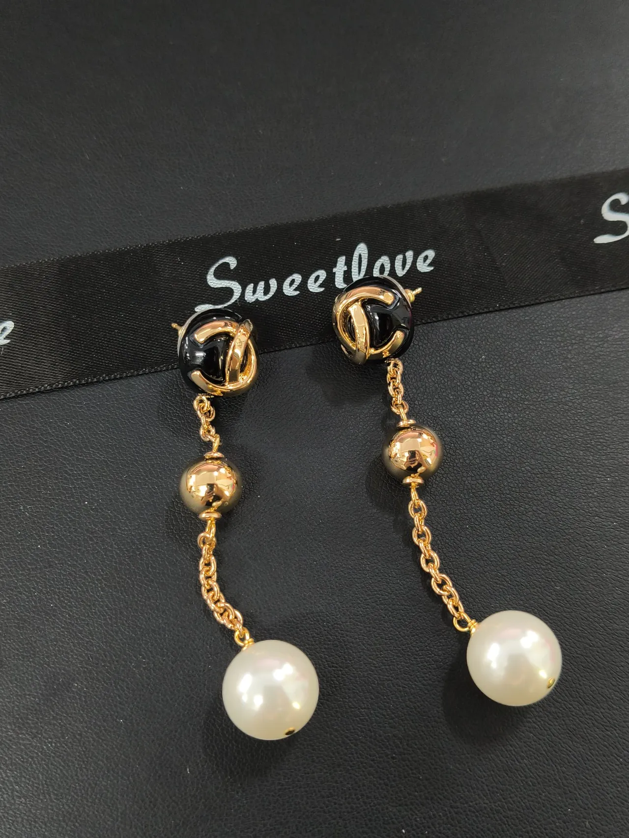 Gold-Tone Logo Stud Pearl Drop Chain Earrings