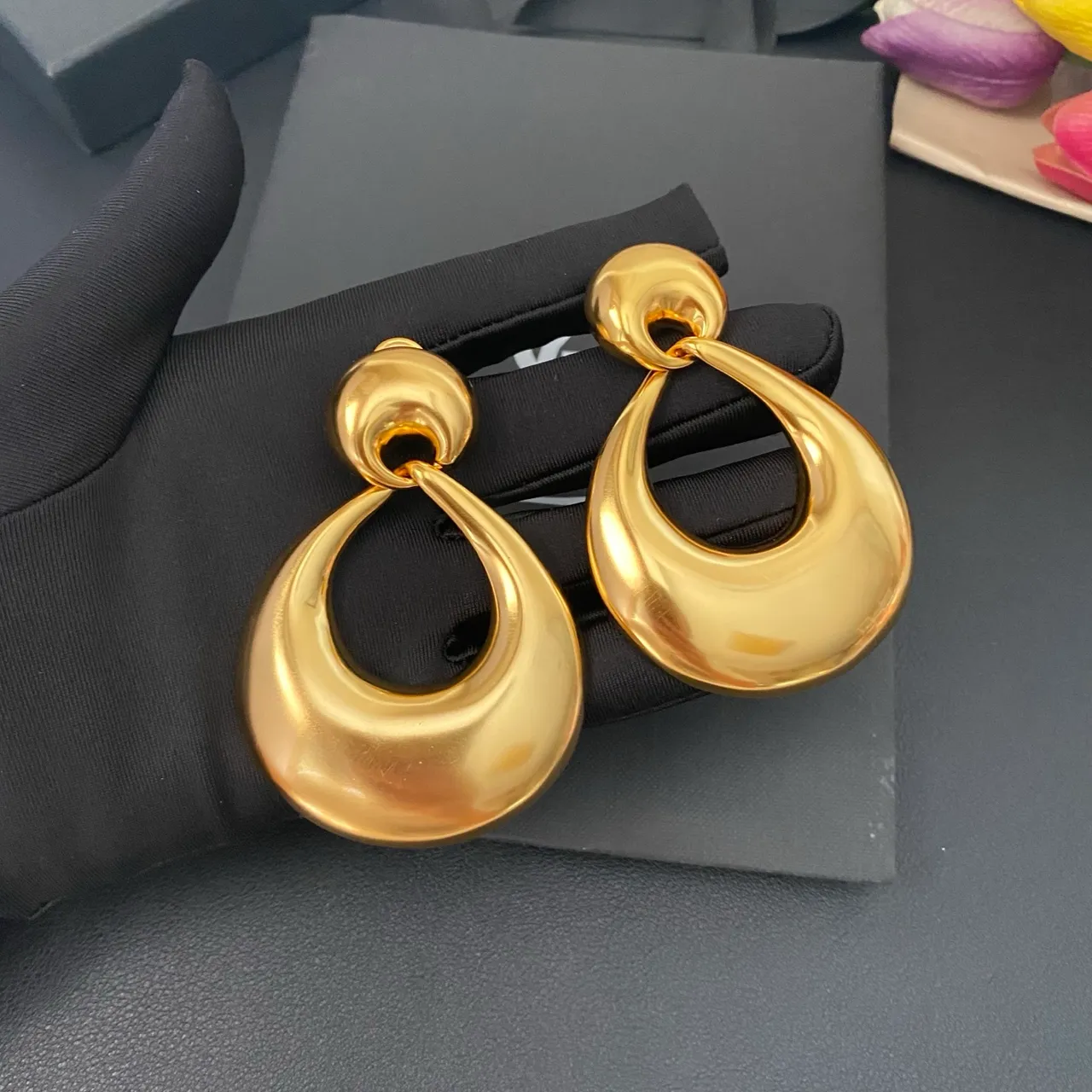 Saint Laurent Gold Sculptural Teardrop Hoop Earrings
