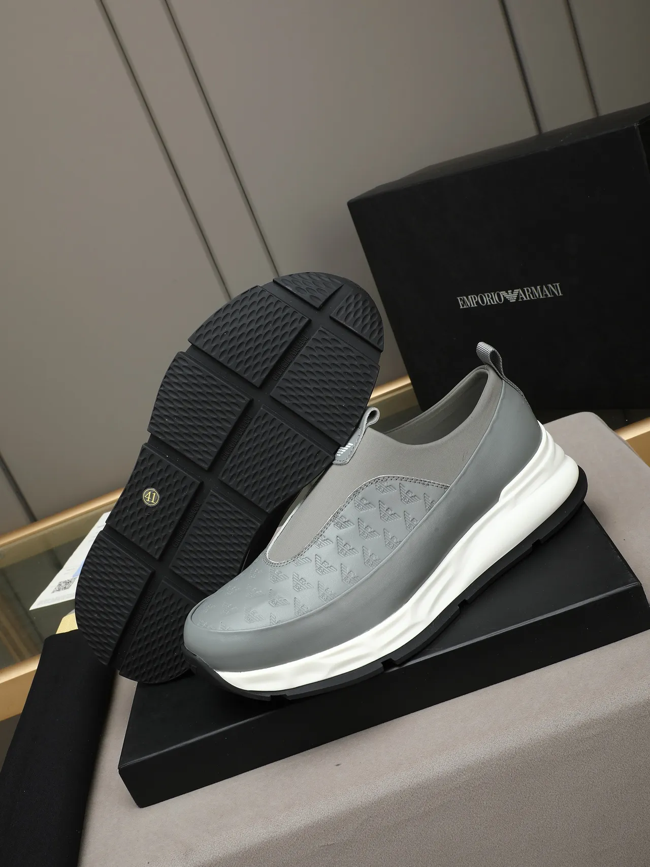 Giorgio Armani Gray White Slip-On Embossed Logo Panel Lifestyle Sneakers