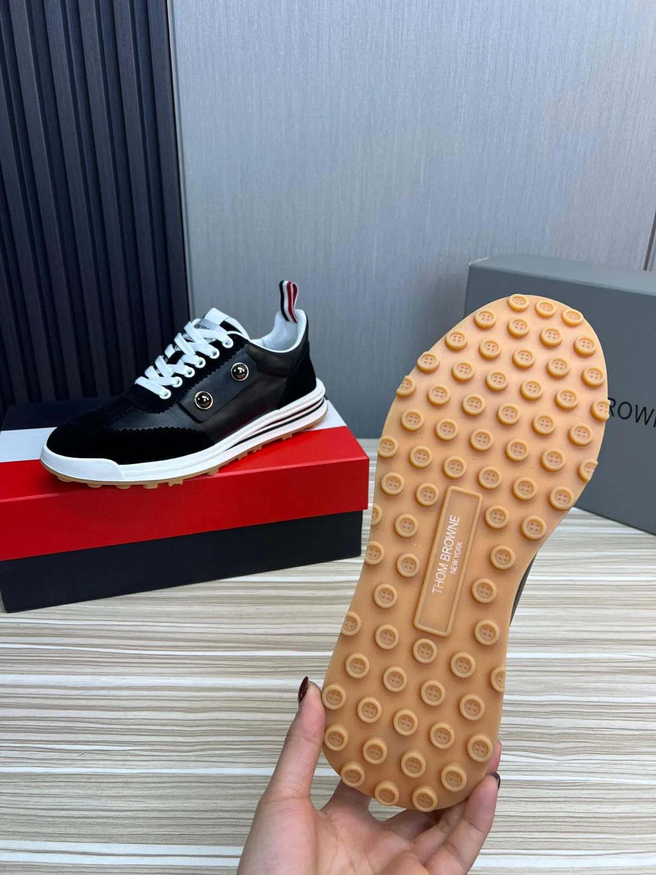 Thom Browne Button Strap Black Suede and Leather Lifestyle Sneaker