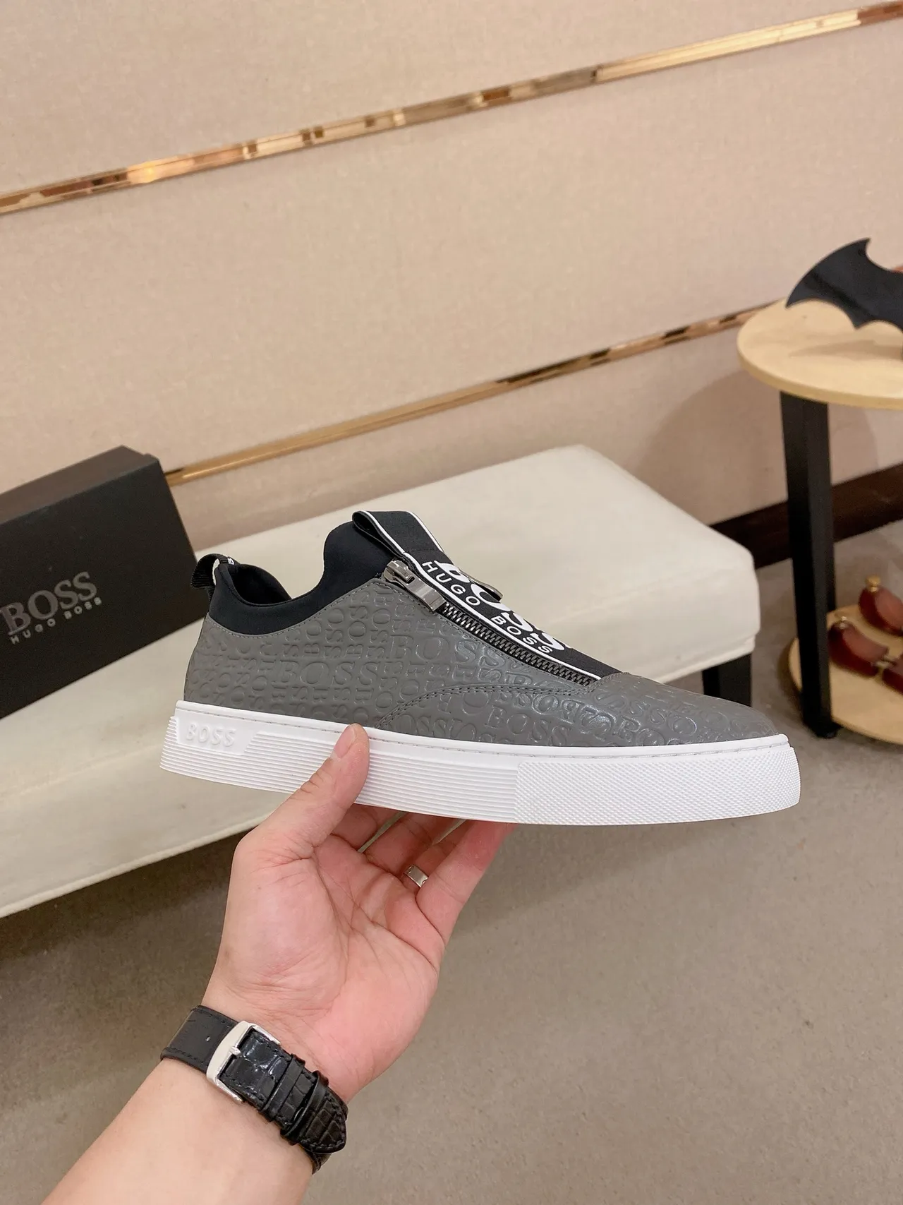 Hugo Boss Gray Embossed Logo Zipper Slip-On Lifestyle Sneakers
