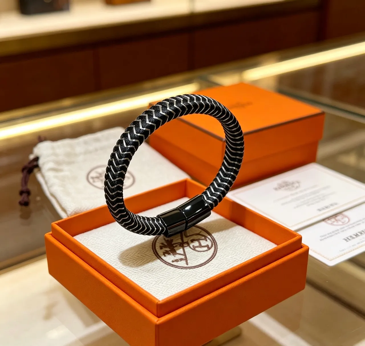 Hermès Black Silver Woven Leather Zigzag Stitching Bracelet