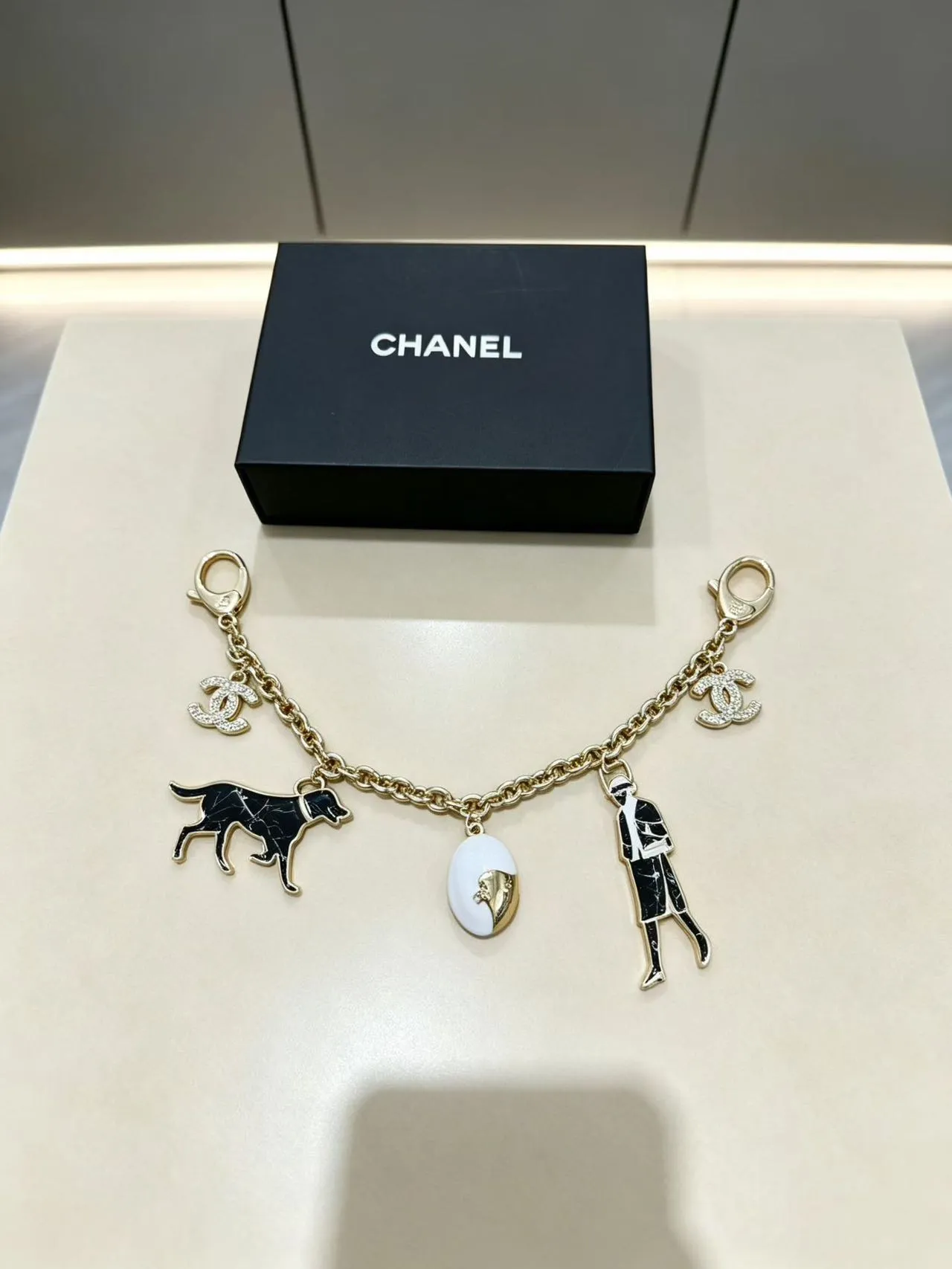 Chanel Charms Bag Charm Set Gold Tone Black White Pink Enamel Bracelets