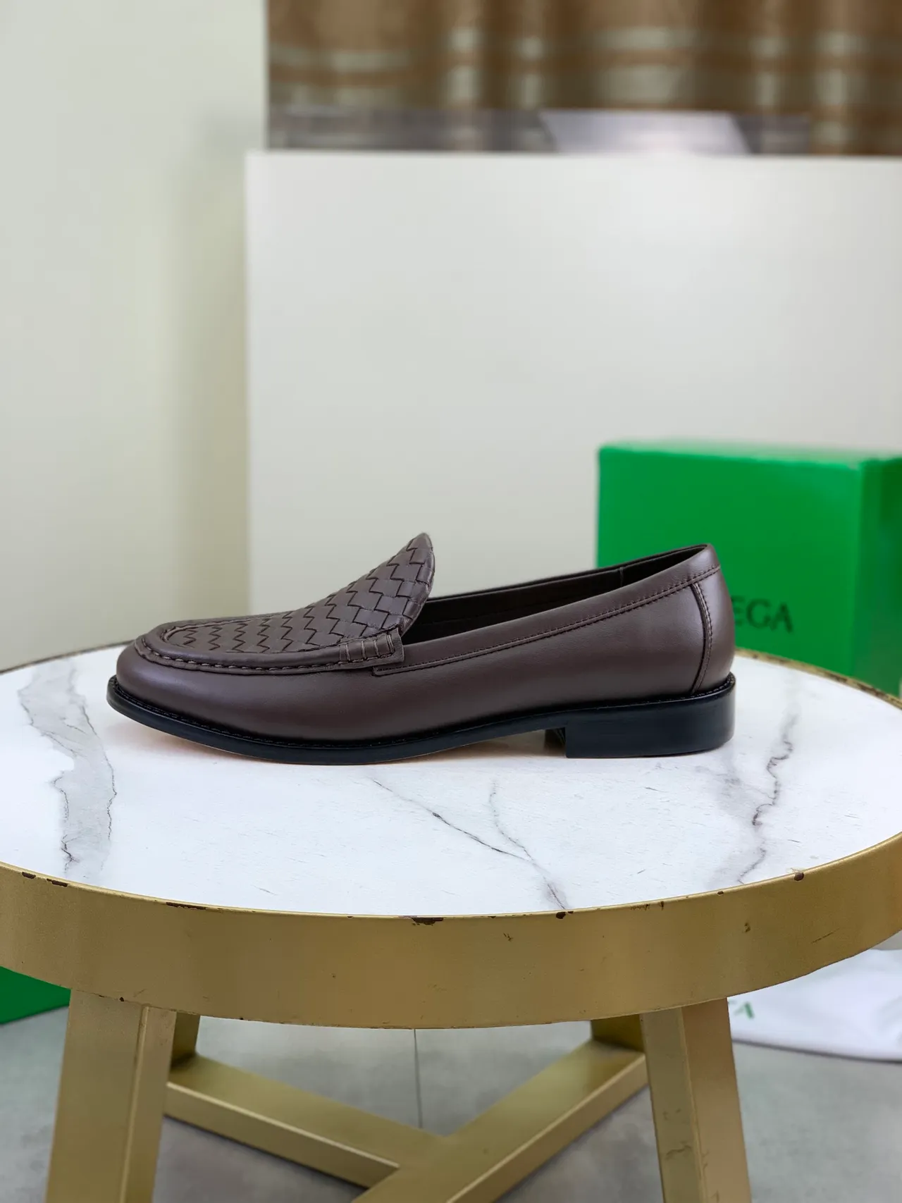 Bottega Veneta Brown Black Woven Leather Vamp Slip-On Construction Loafer