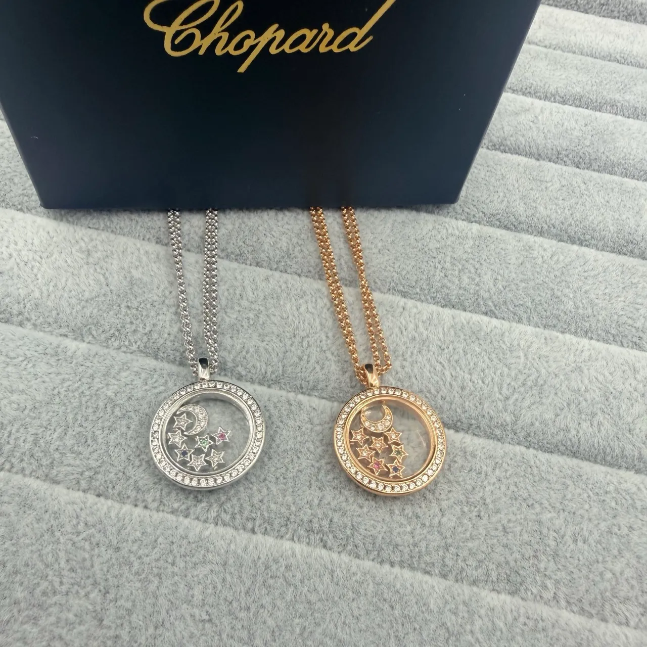 Chopard Happy Stars Silver Gold Circular Locket Pendant Pavé Diamond Bezel Necklace