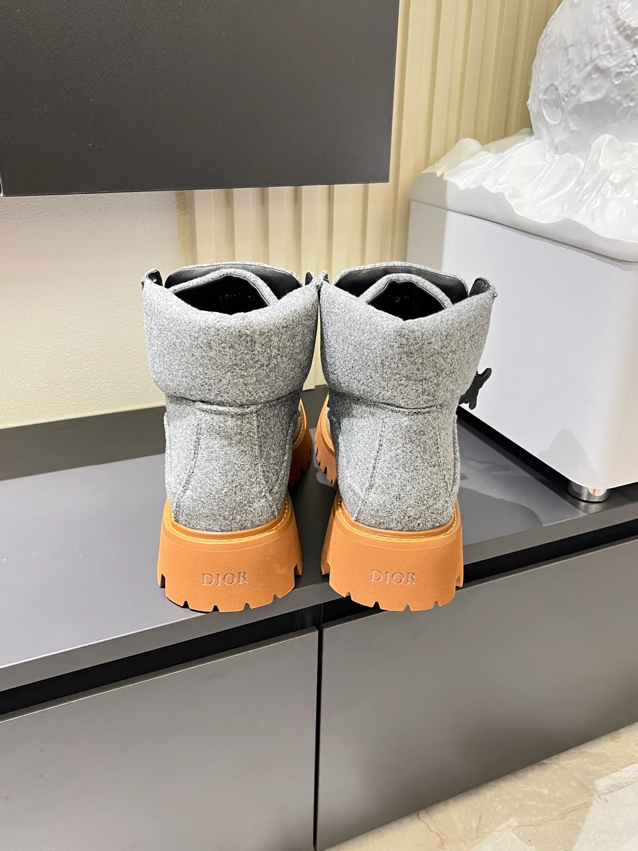 Gray Brown Felted Wool Upper Chunky Lug Sole Boots