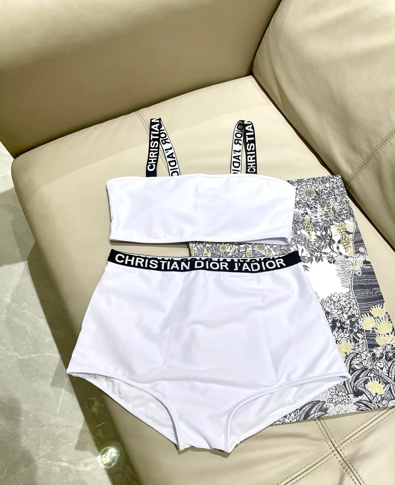 Dior J'adore White Bandeau Top and High-Waisted Briefs Swimwear