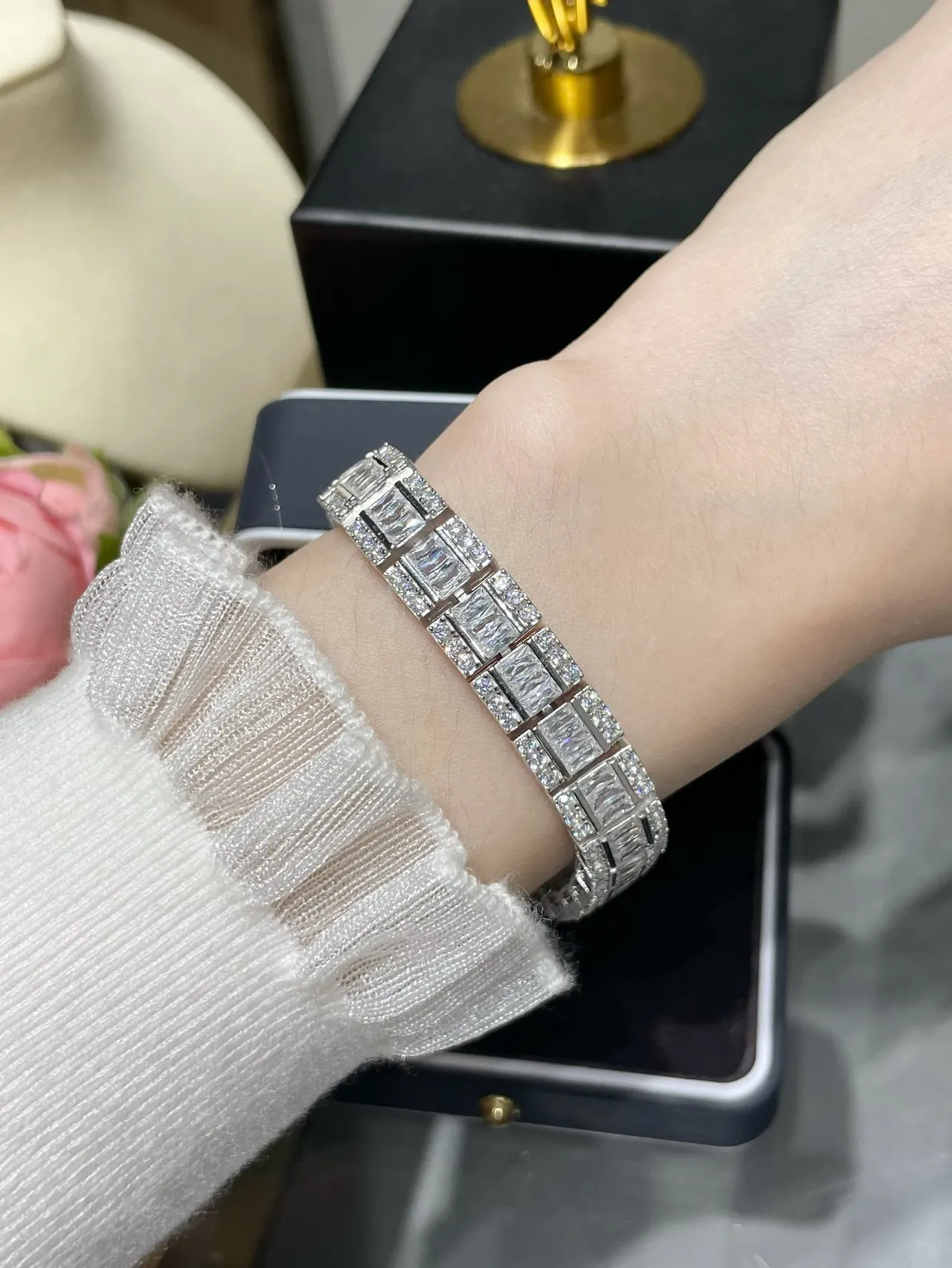 Tiffany & Co. T Collection Silver White Multi-Row Baguette-Cut Bracelet