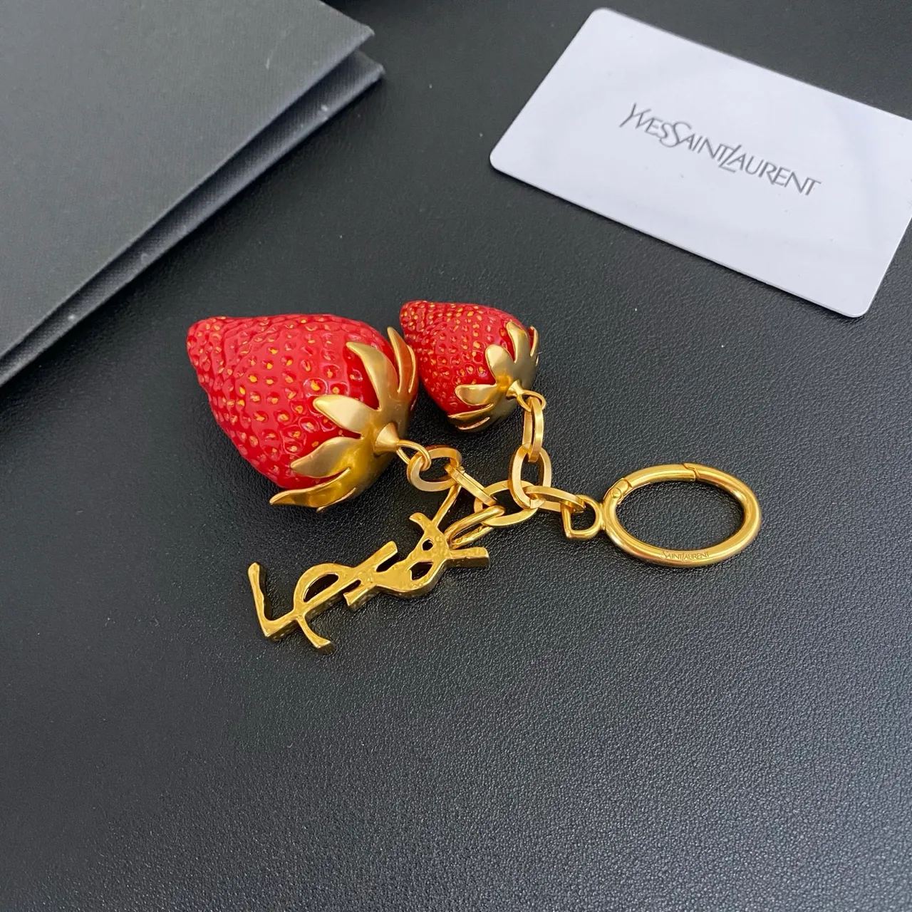 Saint Laurent Strawberry Keychain Red Gold Resin Charms Metal YSL Monogram Bracelet