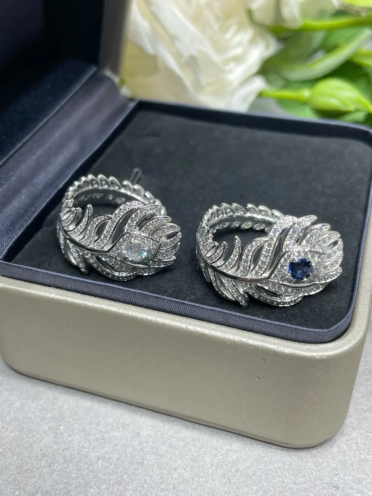 Silver Blue Feather Motif Pavé-Set Earrings