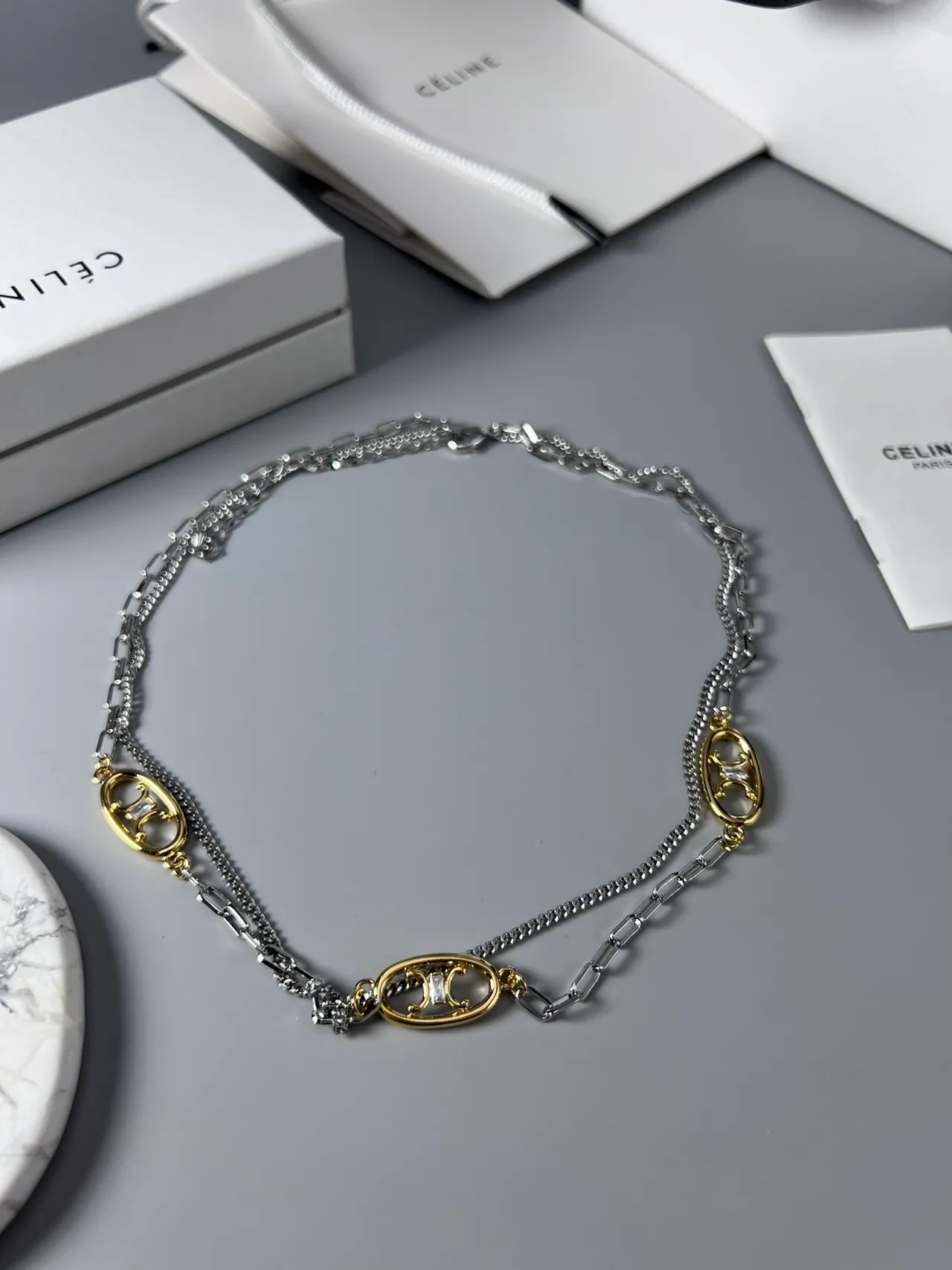 Celine Triomphe Silver Gold Double-Layer Chain Oval Logo Charms Necklace