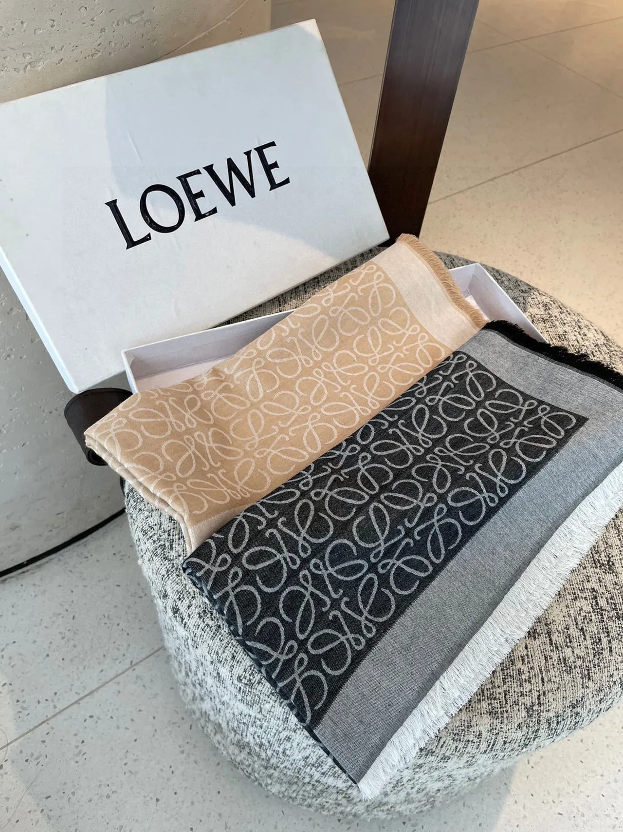 Loewe Monogram Beige and White Cashmere Scarf