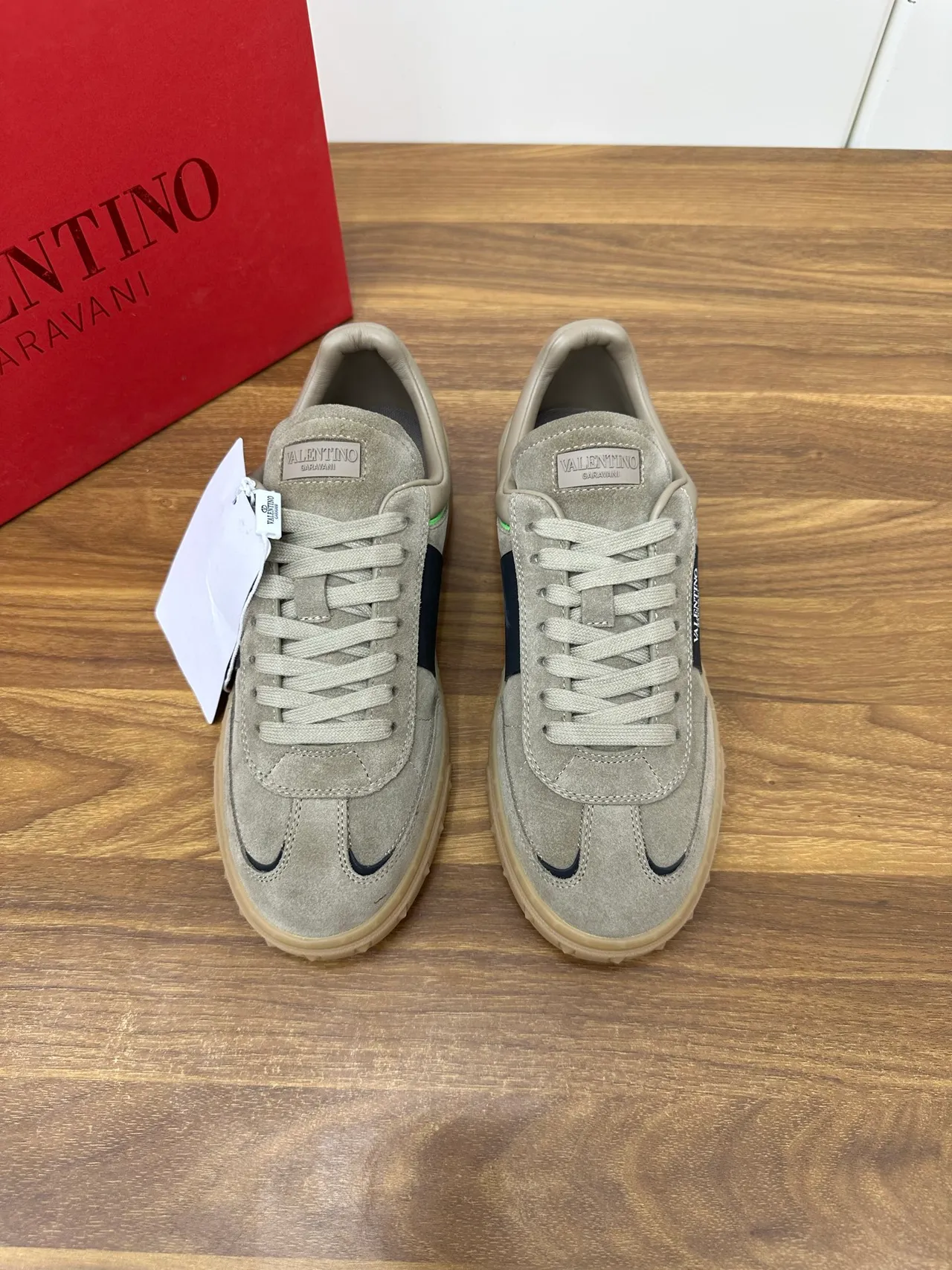 Valentino Beige Navy Suede Upper Side Stripe Lifestyle Sneakers