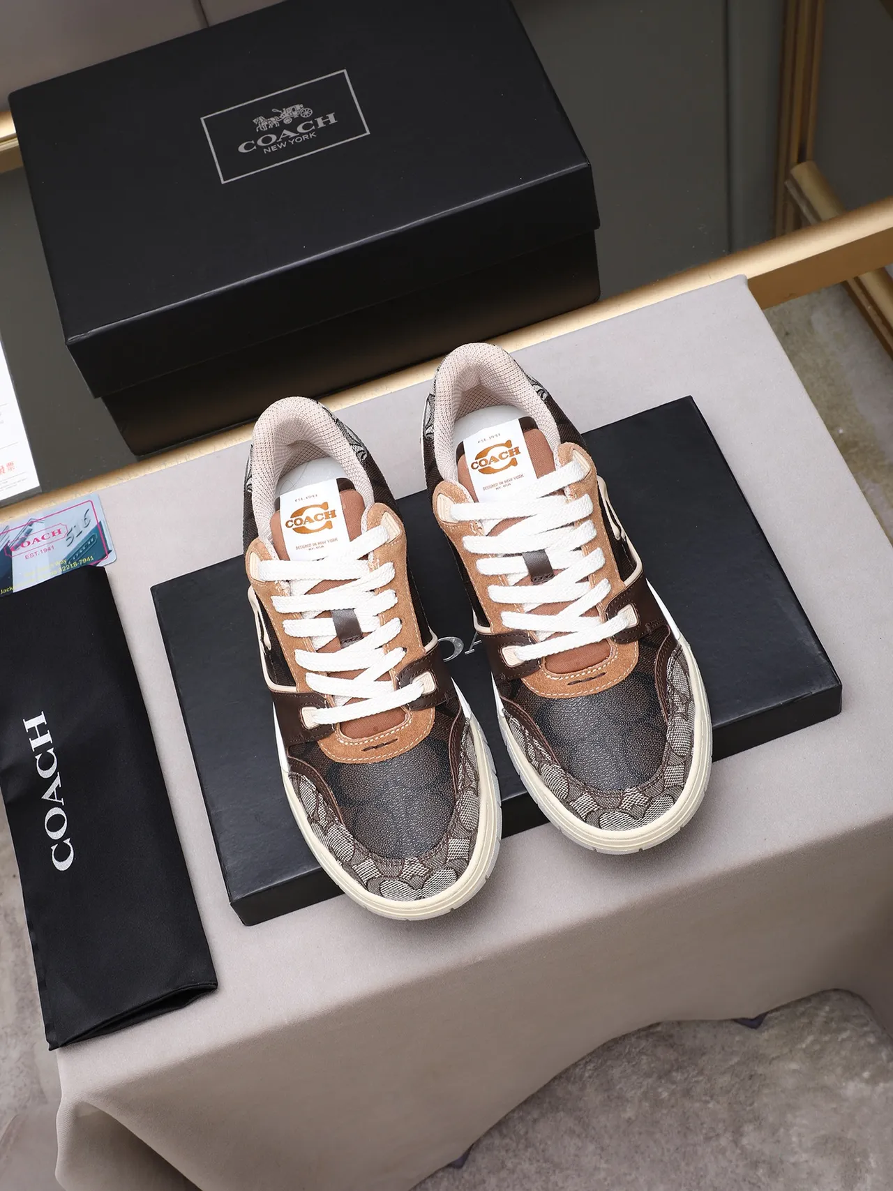 Coach Brown Beige Mixed-Material Upper Embossed C Logo Sneakers