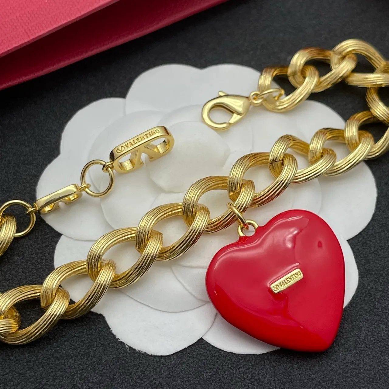 Valentino VLogo Heart Red Enamel Gold-Tone Chain Bracelet