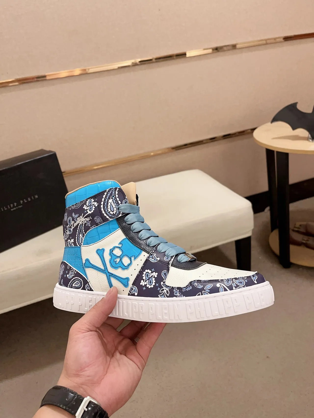 Philipp Plein White Blue High-Top Embossed Sole Sneakers