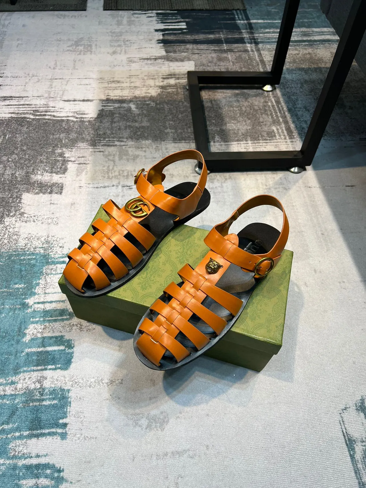 Gucci Orange Black Woven Leather Straps Tiger-Head Medallion Gladiator Sandals