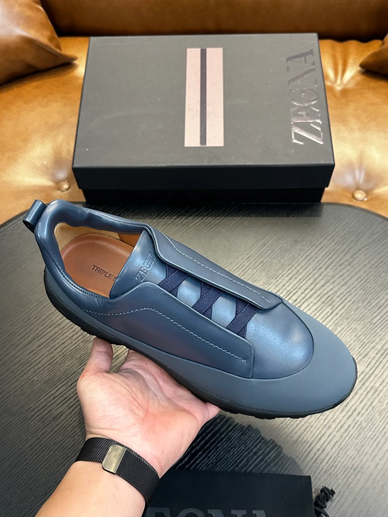 Zegna Blue Black Slip-On Construction Leather Upper Lifestyle Sneakers