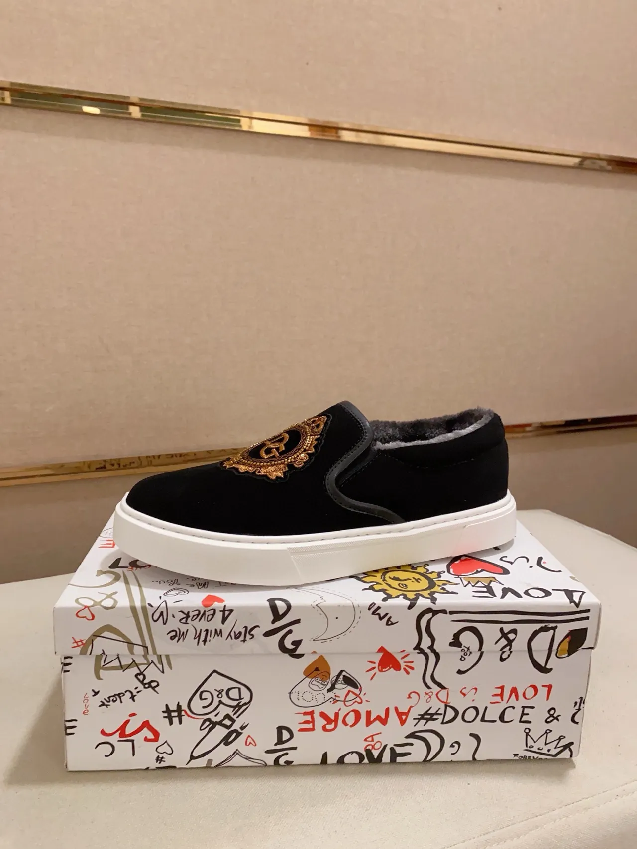 Dolce & Gabbana Portofino Slip-On Black White Velvet Upper Lifestyle Sneakers