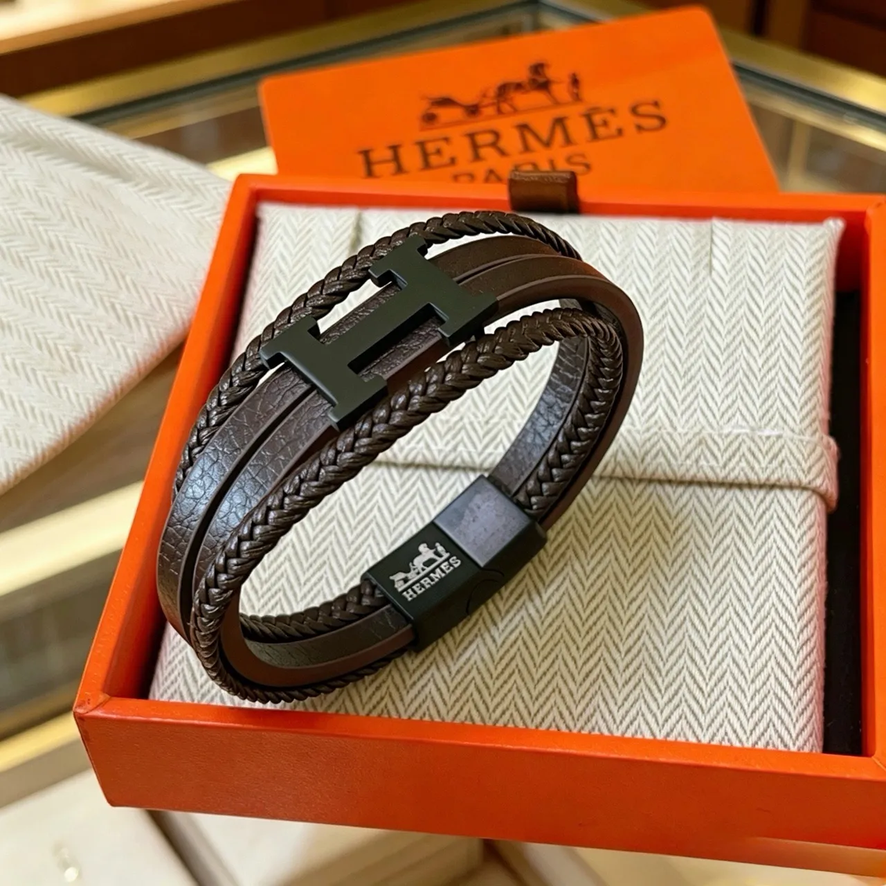 Hermès Brown Black Braided Leather Double-Wrap Bracelet