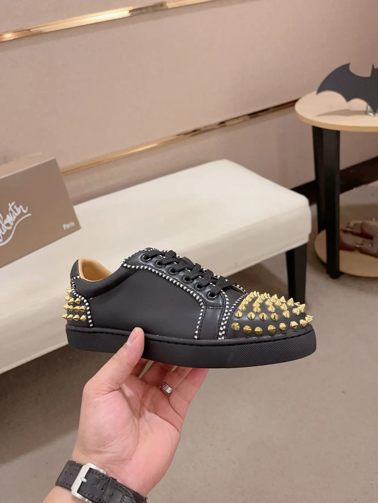 Christian Louboutin Black Gold Studded Leather Lifestyle Sneakers
