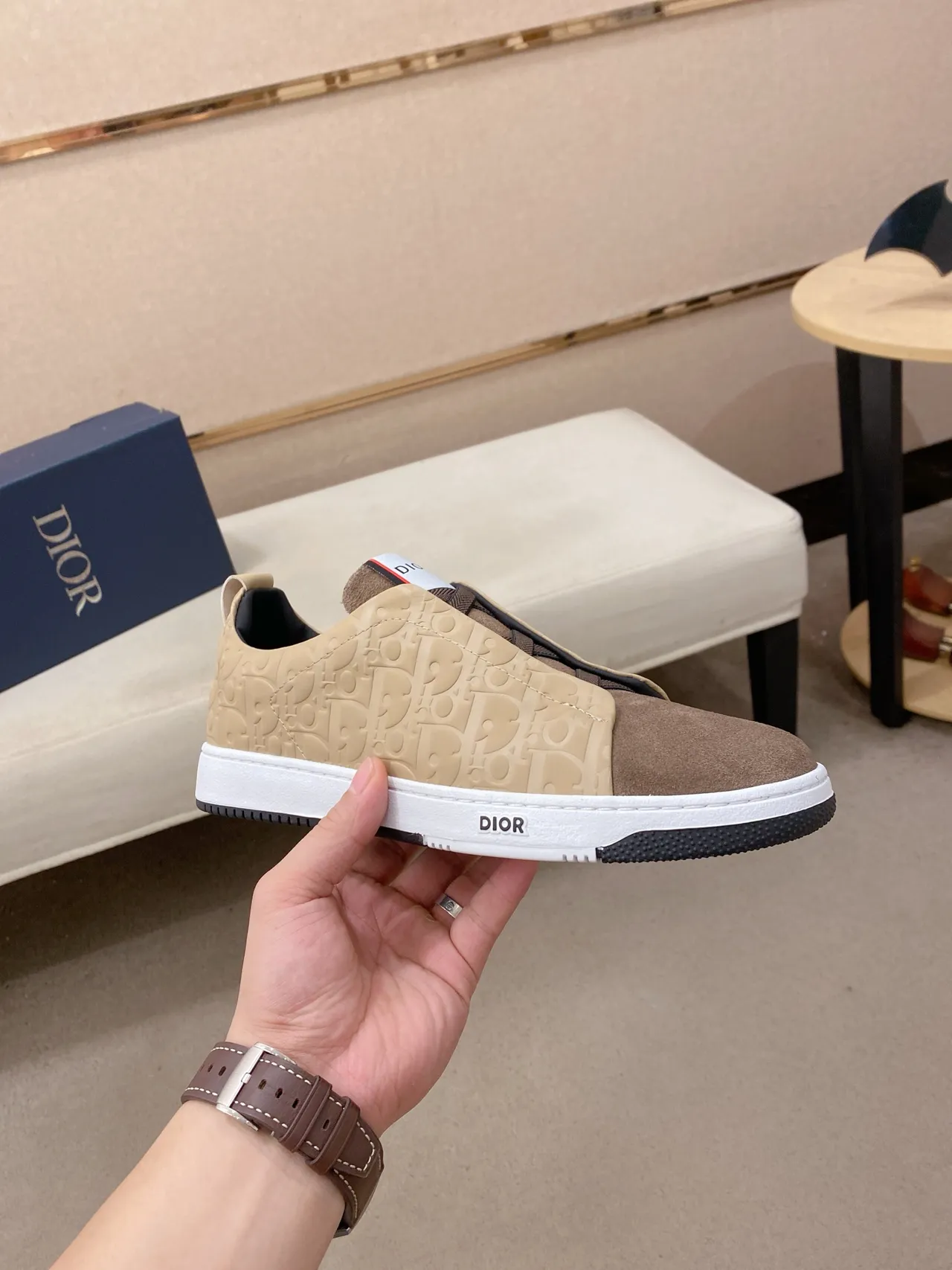 Dior Beige Brown Slip-On Monogrammed Lifestyle Sneakers