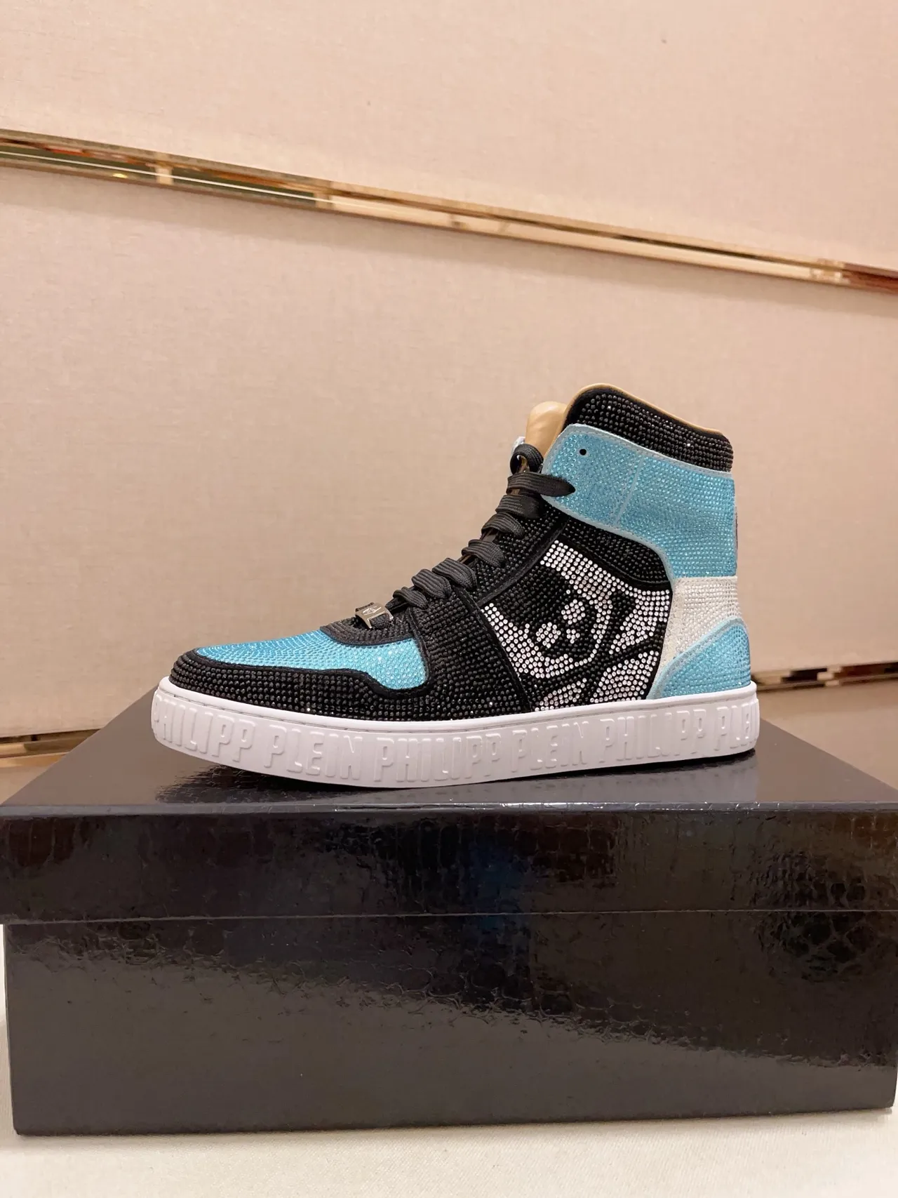 Philipp Plein Crystal-Embellished Black and Light Blue High-Top Sneaker