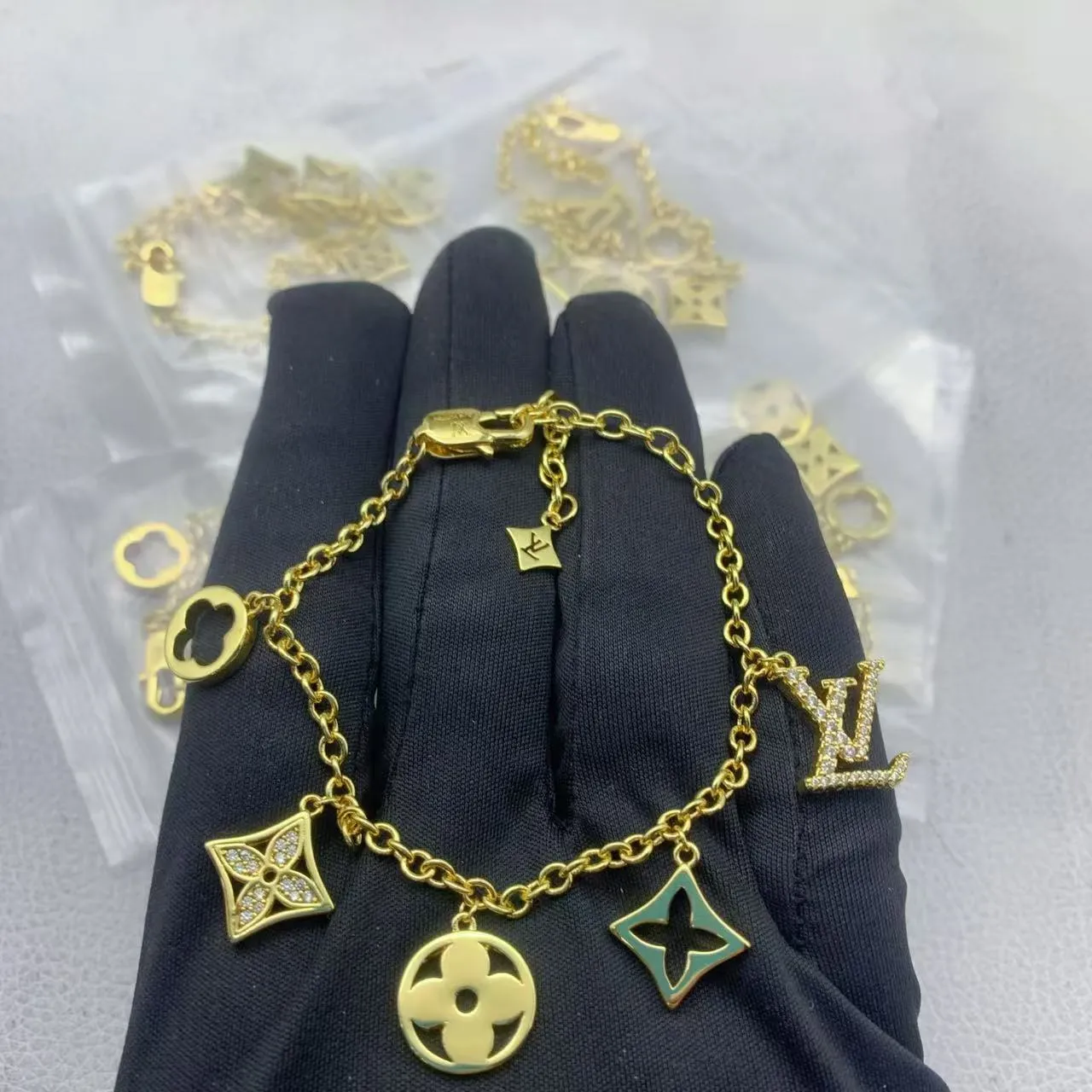 Louis Vuitton Monogram Charm Bracelet Gold Green Chain Pendant Bracelet