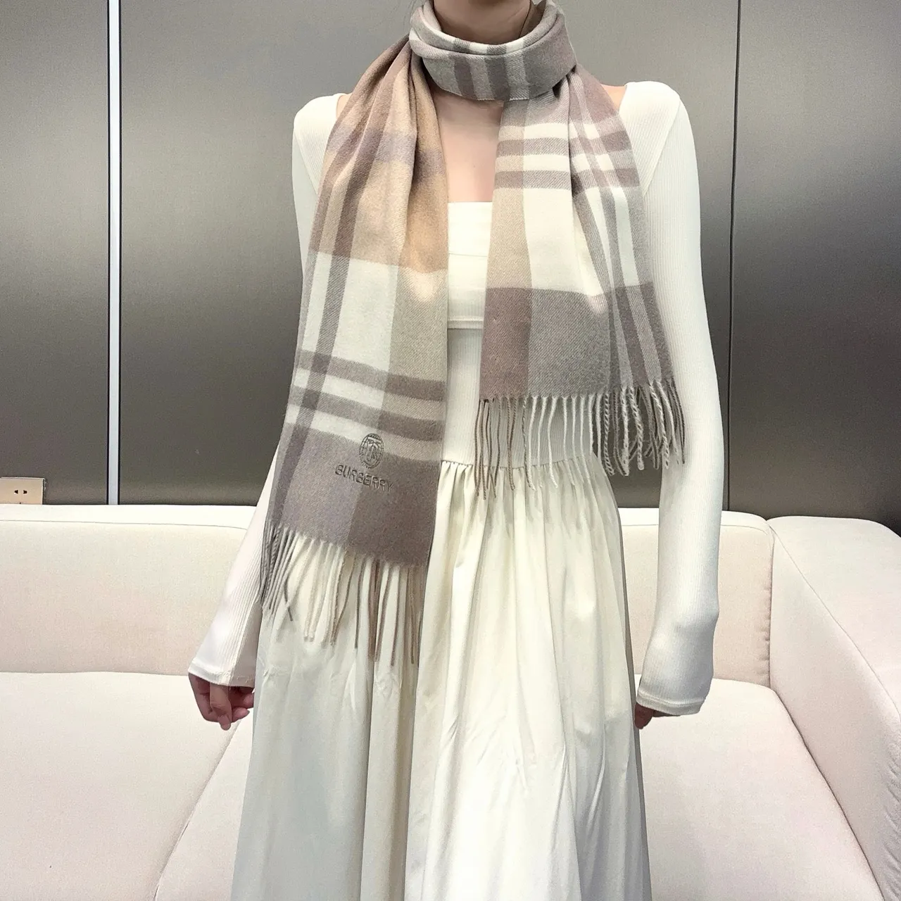 Burberry Classic Check Beige Taupe Cashmere Scarf
