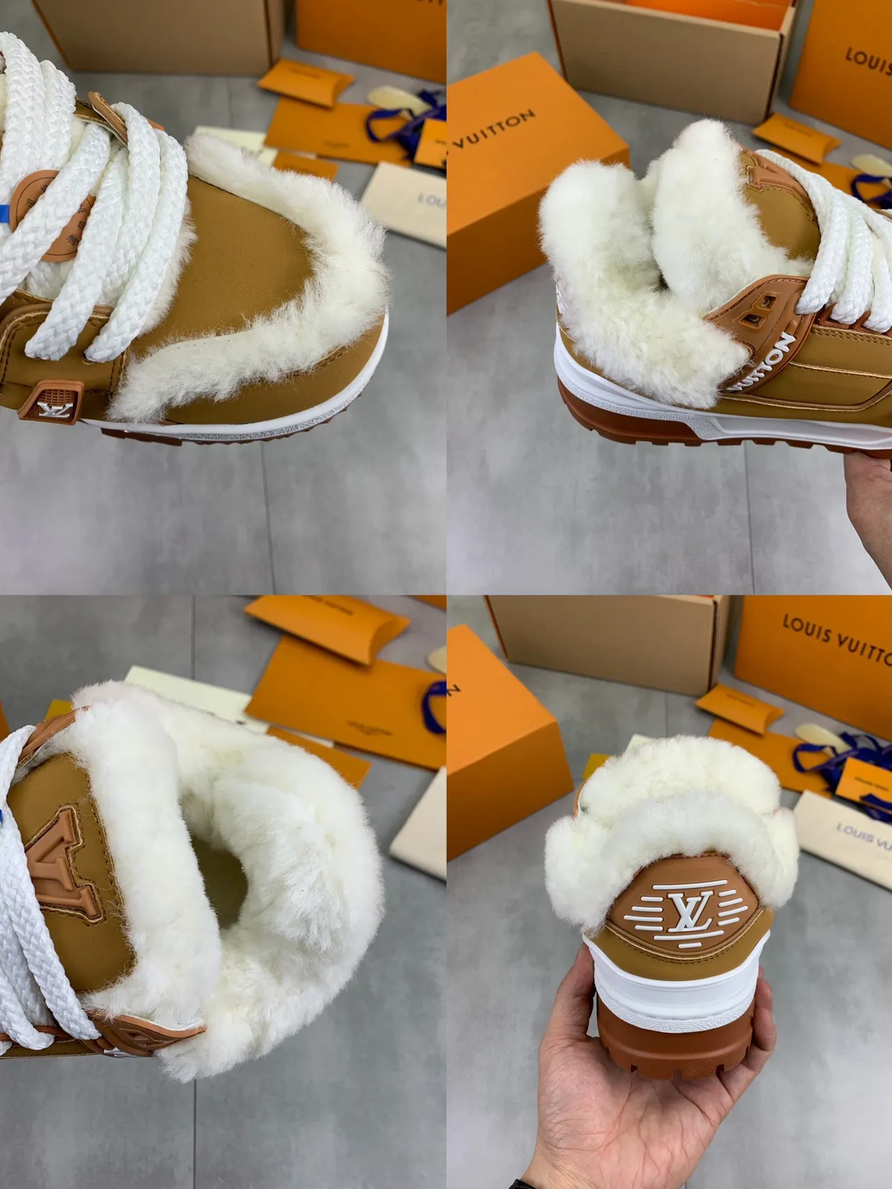 Louis Vuitton LV Trainer Brown White Shearling-Lined Tan Leather Lifestyle Sneakers