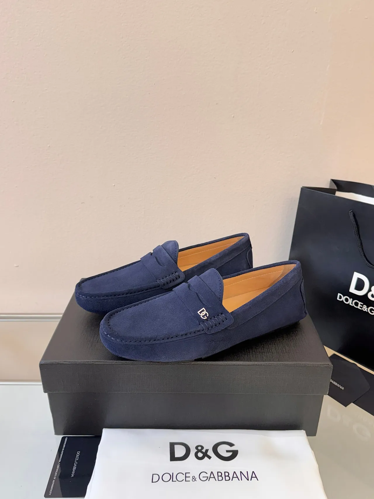 Dolce & Gabbana Penny Loafer Navy Beige Suede Strap Loafer