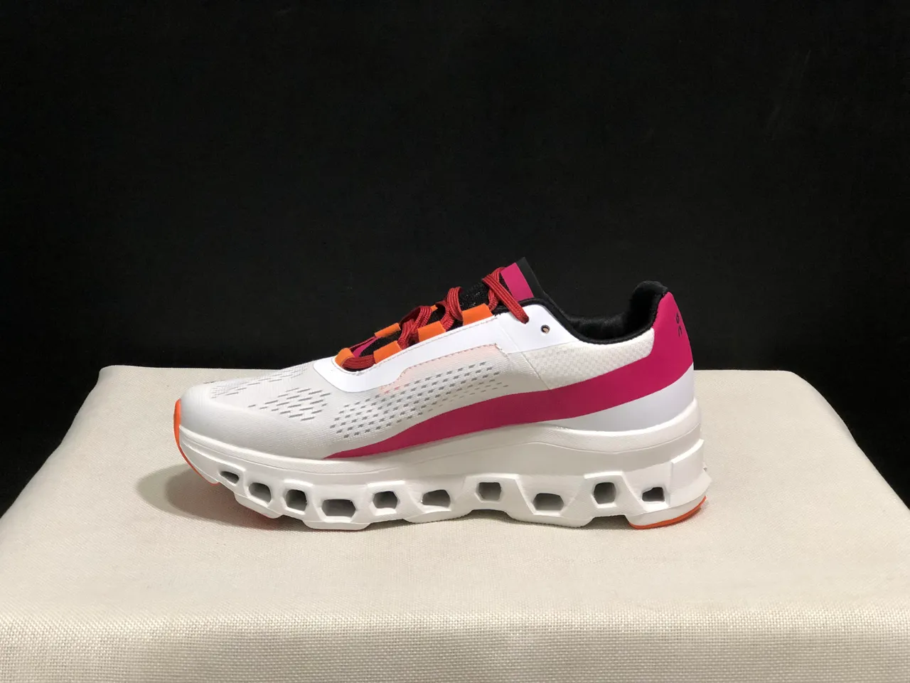 On Cloudmonster White Pink Orange Running Shoes