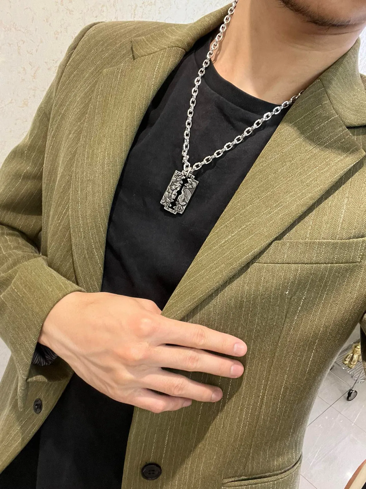 Balenciaga Razor Blade Pendant Silver Chain Necklace