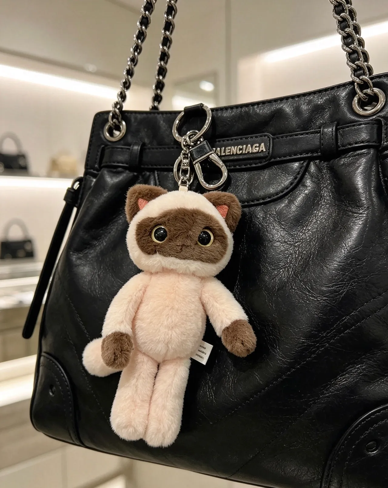 Balenciaga Beige Brown Plush Cat Siamese-Style Coloration Crossbody Bag