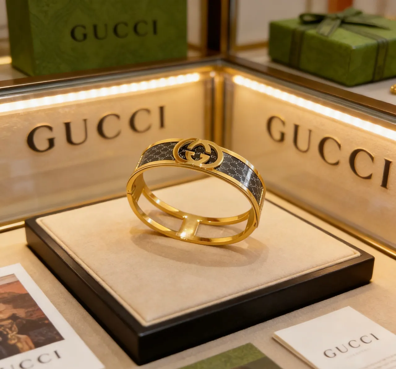 Gucci Interlocking G Monogram Black Enamel Gold-Tone Bracelet