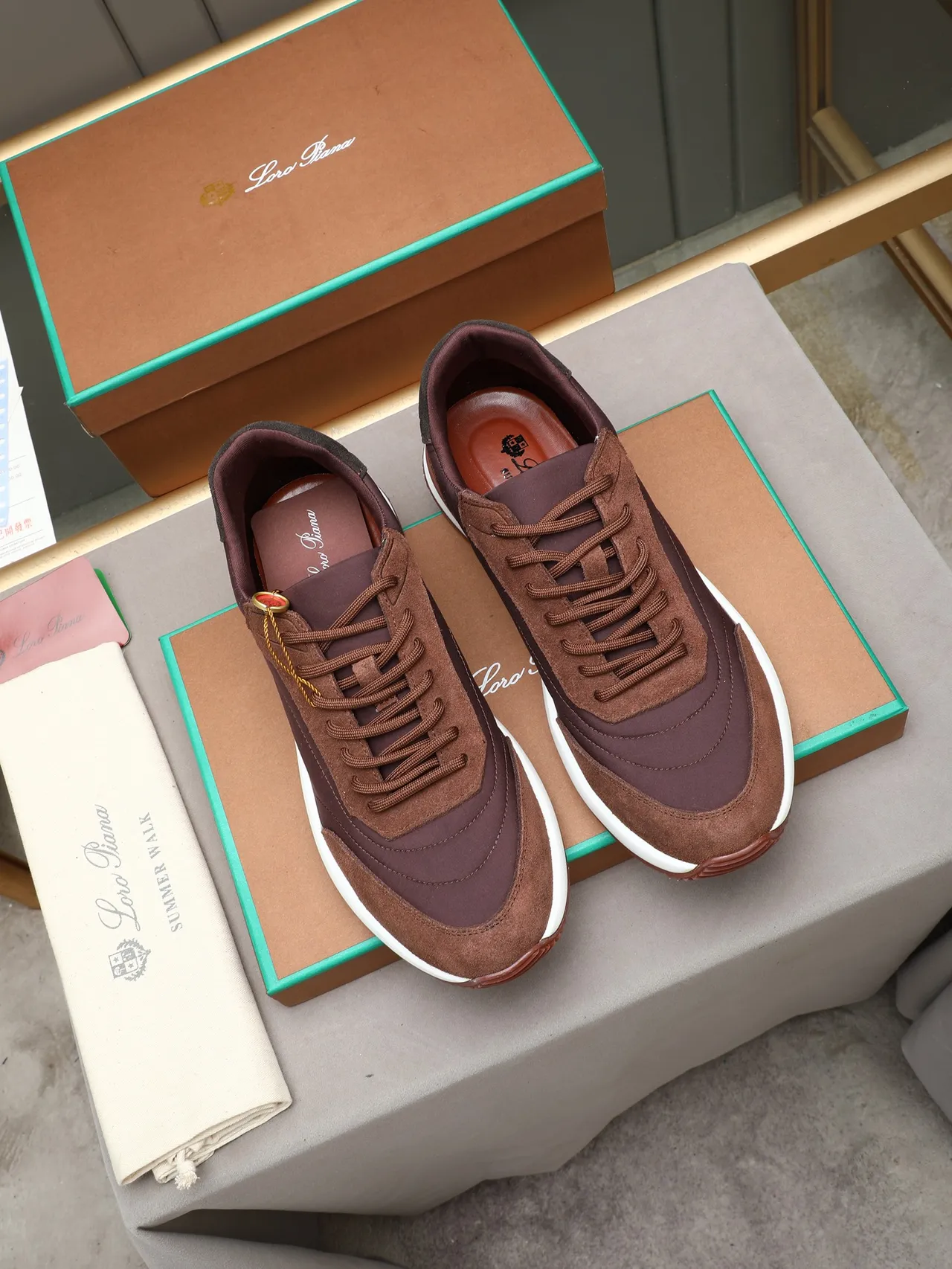 Loro Piana Burgundy and Brown Suede-Nylon Lifestyle Sneaker