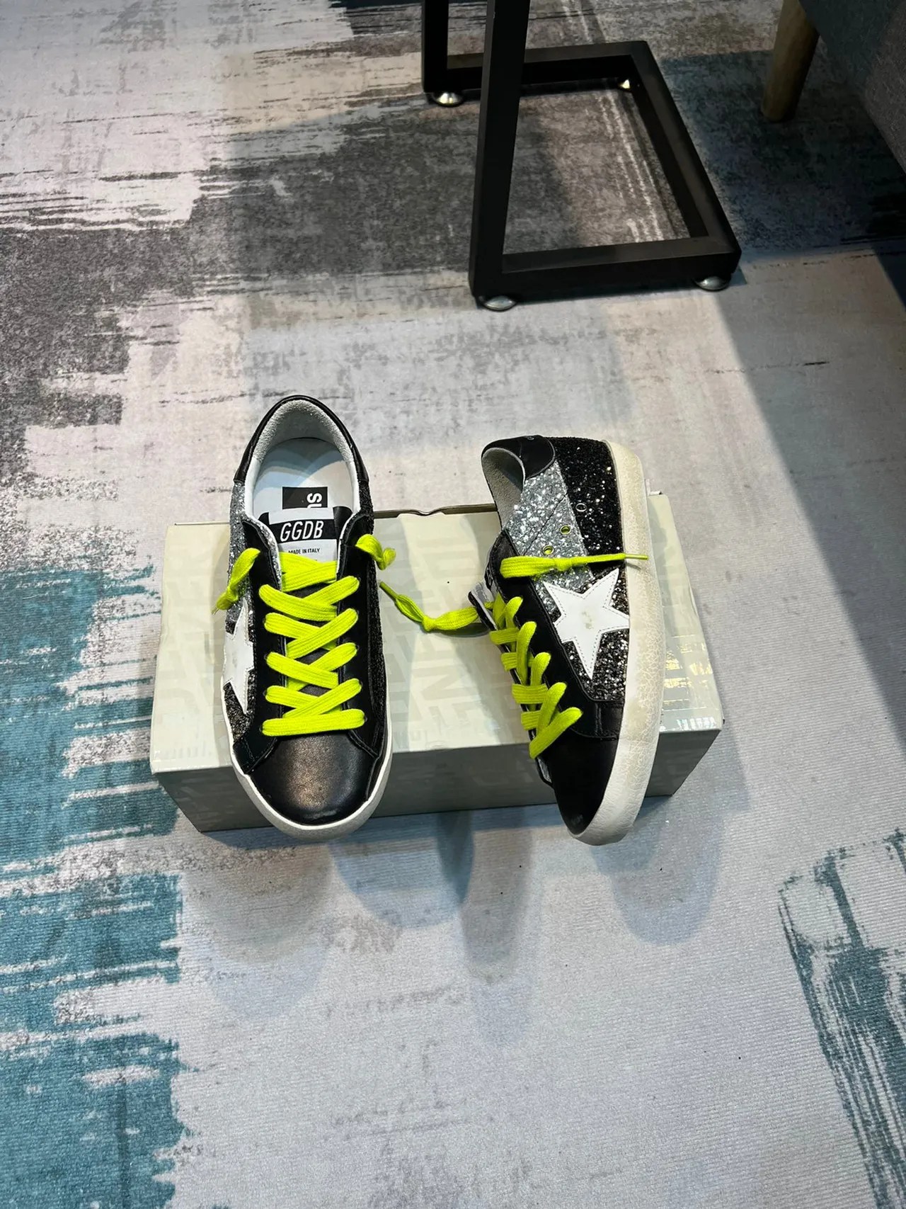 Golden Goose Superstar Black Silver Glitter Neon Yellow Lace-Up Lifestyle Sneakers