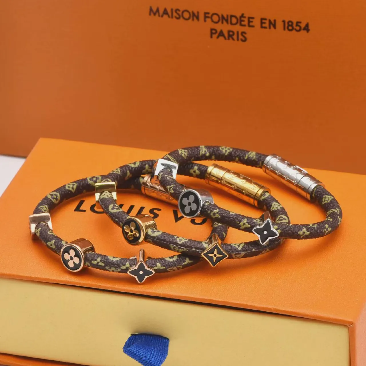 Louis Vuitton Brown Gold Braided Monogrammed Cord Rotating Enamel Charms Bracelet