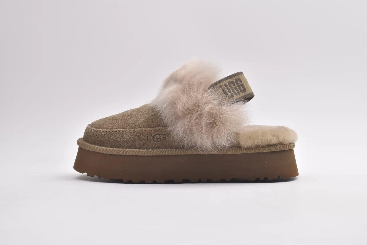 UGG Beige Brown Platform Sole Shearling-Lined Slippers