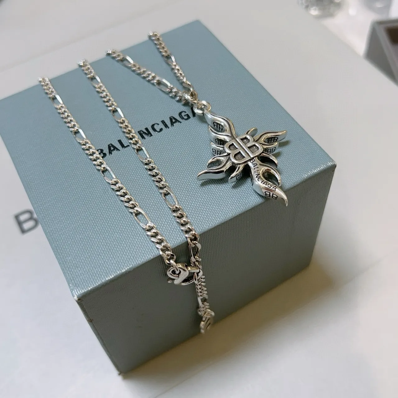 Balenciaga Flame BB Pendant Silver Chain Necklace