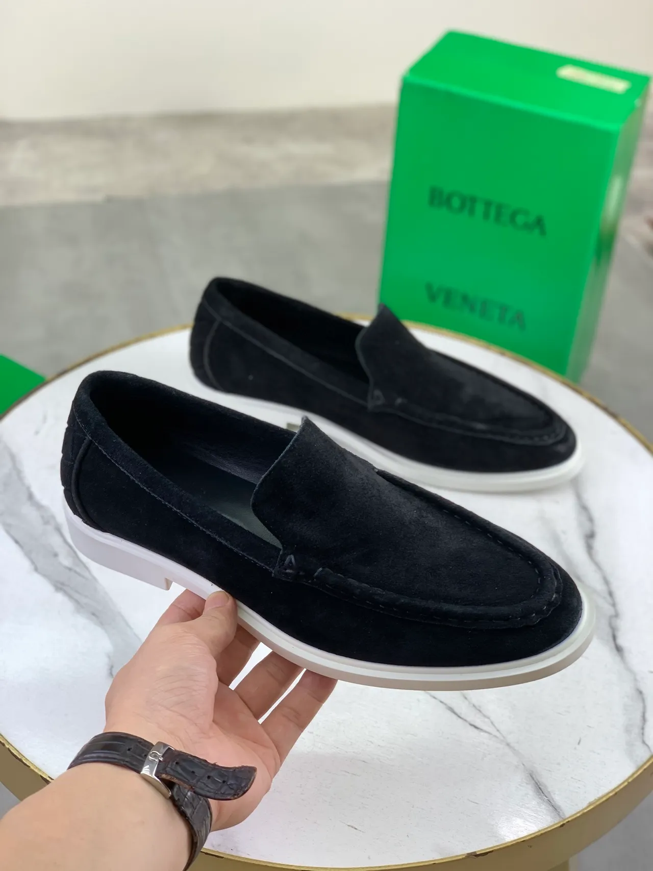 Bottega Veneta Black White Suede Upper Rubber Sole Loafer