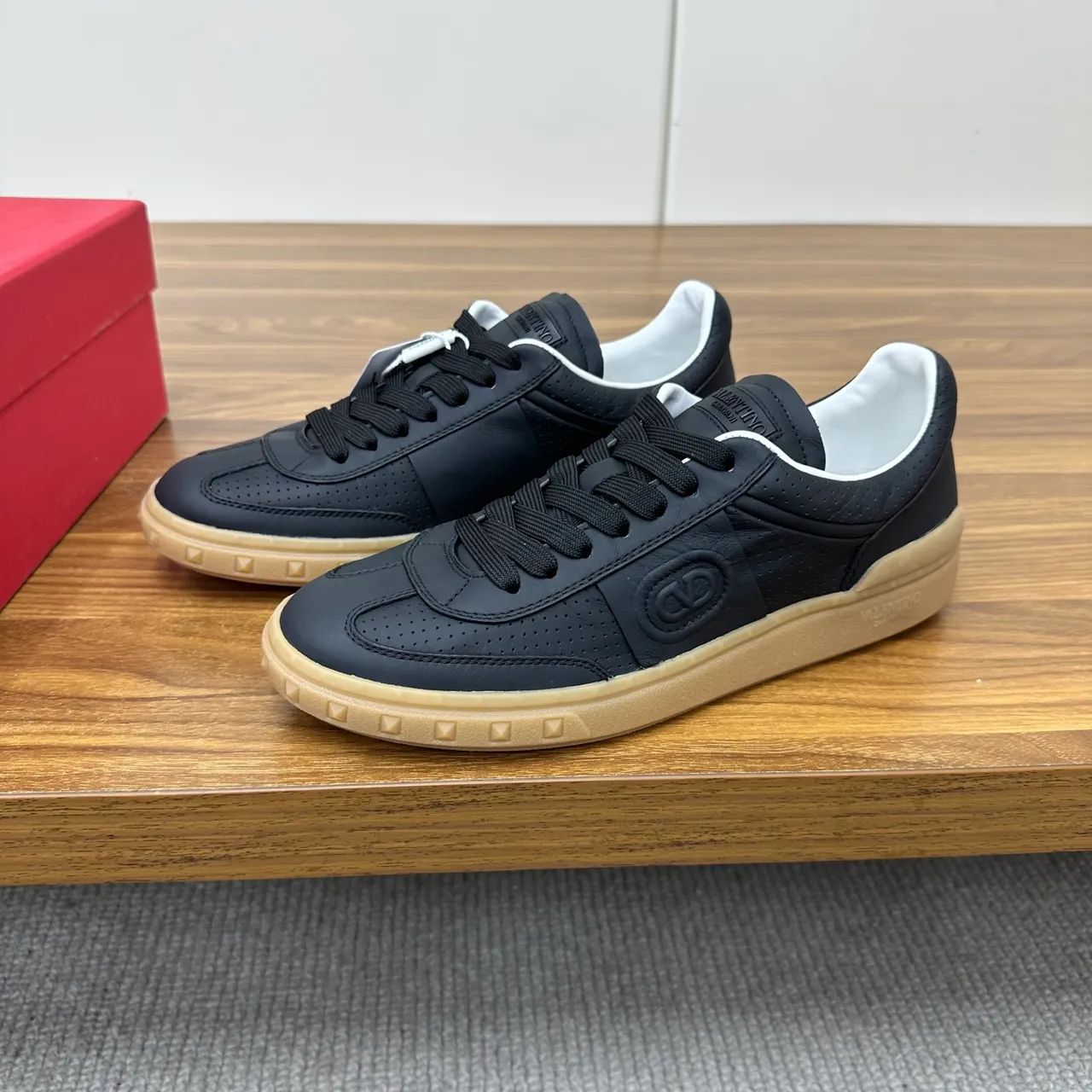 Valentino Rockstud Perforated Leather Black and Gum Lifestyle Sneakers